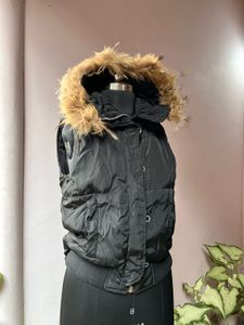 Black Puffer Vest with Fur Hood