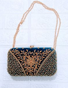 Teal Embroidered Clutch with Chain