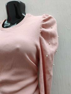 Pearl Puff Sleeve Ribbed Top