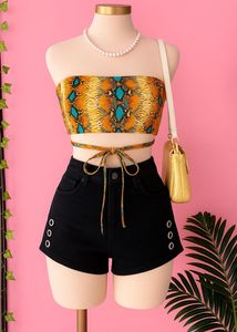 SET OF 2 Snakeskin Print Tube Top And Black Shorts