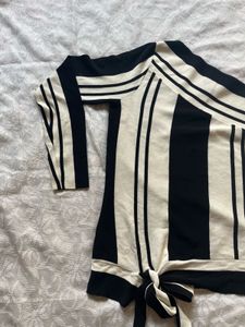 Black &amp; White Striped One-Shoulder Tie Top