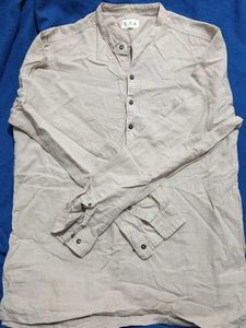 E.T.A. Beige Linen Band Collar Shirt - Size L