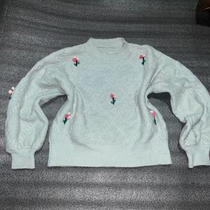 Floral Embroidered Light Blue Sweater