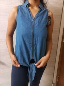 Denim Tie Top With Tags