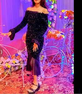 Sequin Mermaid Tail Off Shoulder black Dress