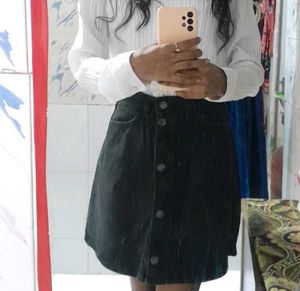Black Button Front Denim Skirt
