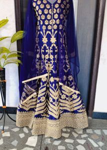 Elegant Navy Blue &amp; Gold Gown With Dupatta