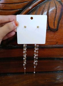 Korean White Dangling Pearl Tassel Crystal Earring