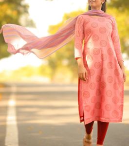 Peach Printed Kurti Set