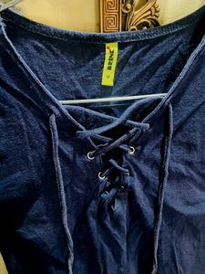 Cute Navy Blue Colour Crop Top With Laces In Front Neck