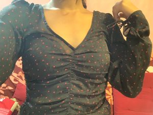 Ruched Polka Dot Long Sleeve Top
