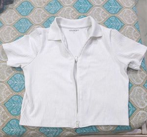 White Zip-Up Ribbed Top