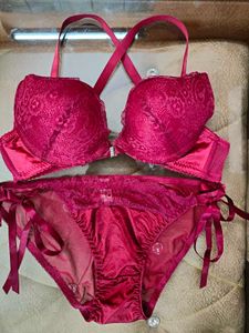 Wine Red Push Up Back Lace Bra Underwear Set