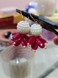 Dark Pink Beaded Earrings