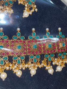 Red And Green Kundan stone Choker Set