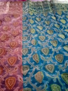 All Over Zari Work Half-Half Saree| Cyan Blue-Pink