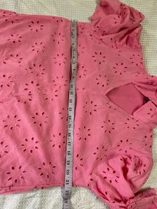 Pink Cotton Eyelet A-Line Dress with Puff Sleeves