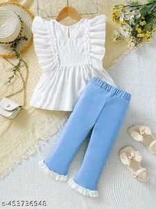 Ruffle Top &amp; Soft Denim Pant Set For Girls