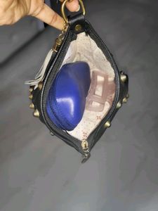 Black Leather Triangular Hand Purse With Gold Beads