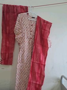 Beige-Red Festive Kurta Set For Ladies