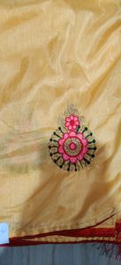 musk melon colour traditional saree with latkans and butas comes with red blouse