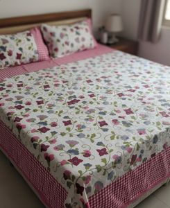 Floral & Gingham Pink Double Bedsheet