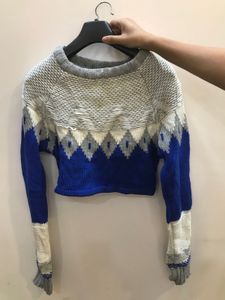 Blue &amp; Grey Knit Cropped Sweater