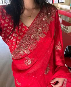 Price Dropped 📢 Red Embroidery Design Saree