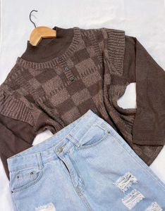 Vintage Brown Checkered Knit Sweater B