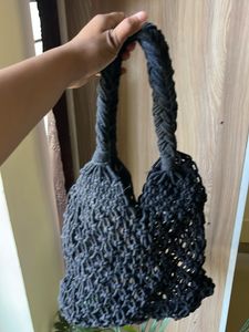 Chic Black Macrame Net Tote Bag