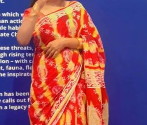 Red &amp; Yellow Block Print Saree