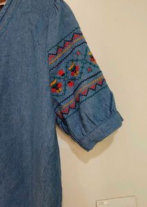 All About You Embroidered Sleeve Denim Top