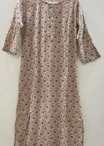 Off White Cotton Kurti with Red Floral Print