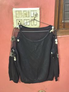 Elegant Black Top With Floral Embroidery Wit Net