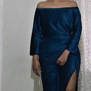 Teal Blue Cocktail Glitter Dress With Slit UK