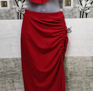 Chic Red Ruched Midi Skirt