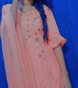 Peach Embroidered Kurti With Plajo Chudri