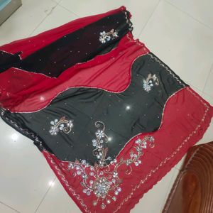 red and black party wear heavy work saree