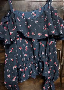 Blue Shrill Frilled Floral Top