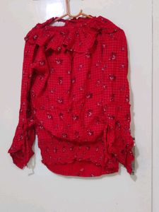 Red Floral Ruffle Top