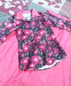 Rose Print Top &amp; Red Skirt Set