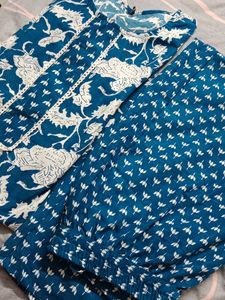 Blue Cotton Kurti With 3/4 Sleeve Design And Straight Pant