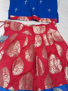 Blue Red Jari Ghaghra Choli For Kids