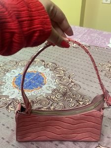 Pink Faux Croc Shoulder Bag