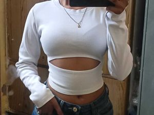 Ribbed Cotton Blend White Cutout Top
