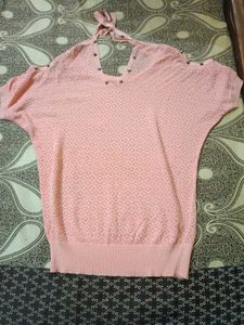 Peach Net Cold Shoulder Top