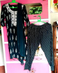 Blue Embroidered Plazo-kurti With Dupatta