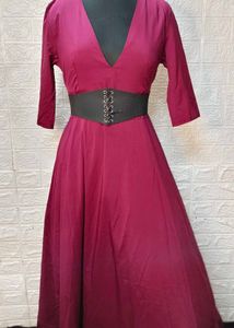 Maroon Flared Gown With Deep Neck