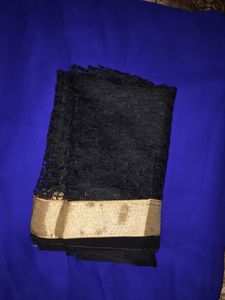 Elegant Blue Saree with Black &amp; Gold Trim