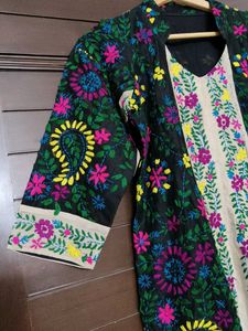 Women Black Cotton Silk Fulkari Embroidery Kurta